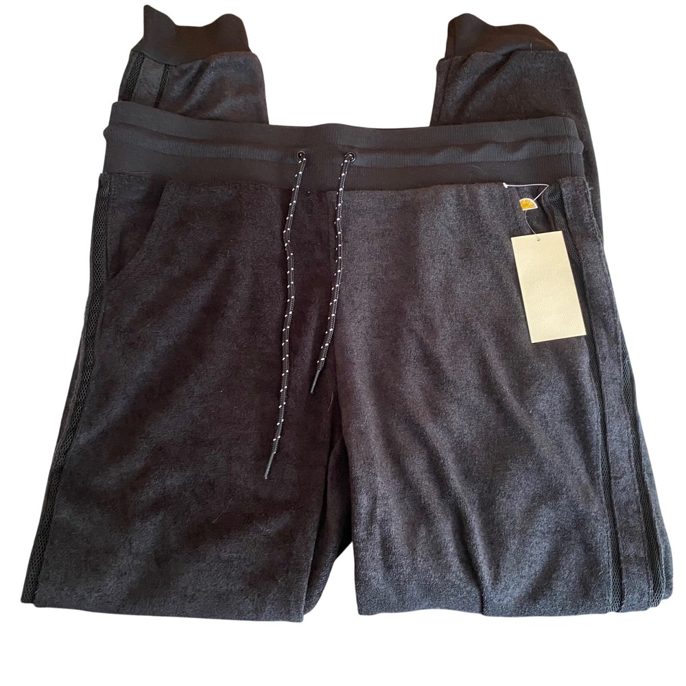 C&C California Womens Black Terry Cloth Mesh Stripe Joggers Size L NWT Pants
